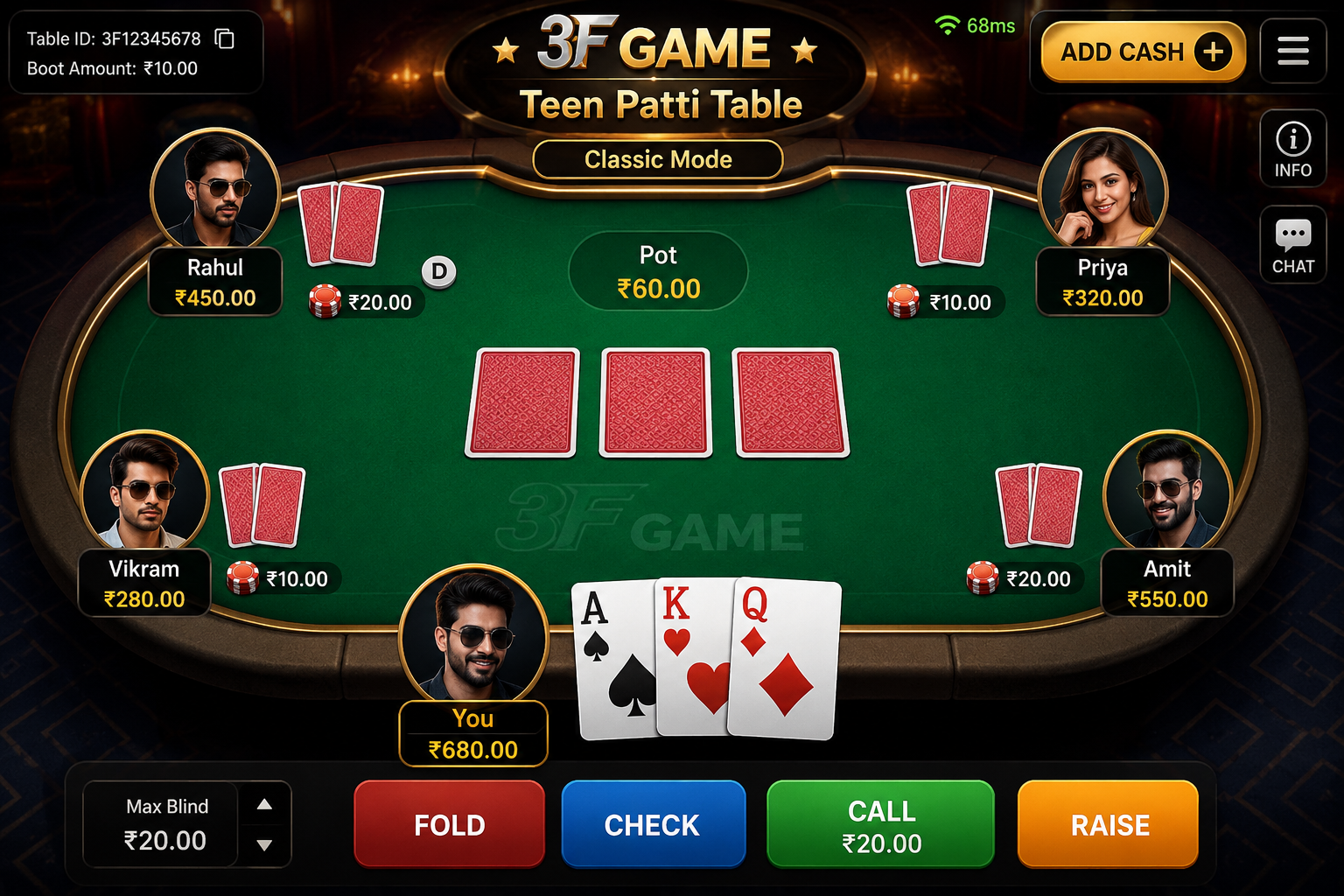 3F Game Teen Patti classic mode table game 2026